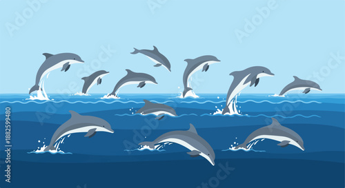 A pod of dolphins leaping and playing in the clear blue ocean waves, a vibrant marine illustration capturing the joy and energy of these intelligent sea creatures