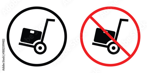 Set of signs representing allowed and forbidden hand trolley black and red color circle outline symbol for transportation warehouse rules information vector