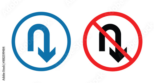 Set of U Turn Sign with and without Restriction Symbol in Blue and Red Color Isolated on White Background Road Safety and Direction Vector Illustration