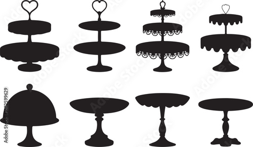 Wedding cake platter, stand tray silhouettes. Isolated vector elegant black tables set for displaying fruits or desserts during festive events and ceremonies. Monochrome serving items for food display