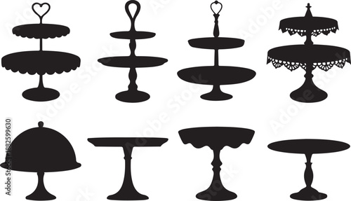 Wedding cake platter, stand tray silhouettes. Isolated vector elegant black tables set for displaying fruits or desserts during festive events and ceremonies. Monochrome serving items for food display