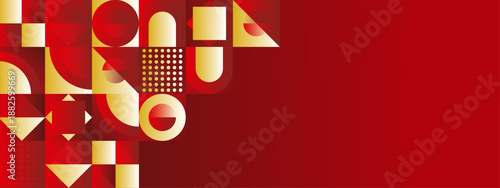 High contrast red and gold geometric composition with modern shapes and elegant gradient effects