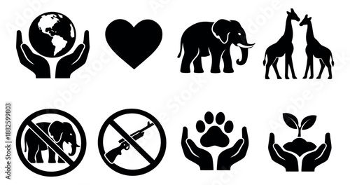 Graphic environmental conservation icon set featuring Earth, wildlife, and protection symbols for ecological awareness