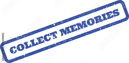 Distressed blue rubber stamp with COLLECT MEMORIES text for travel and personal keepsake themes