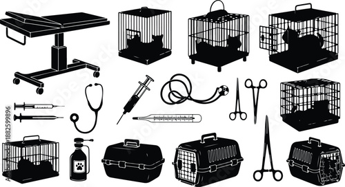 Veterinary clinic equipment and pet care tools illustration set