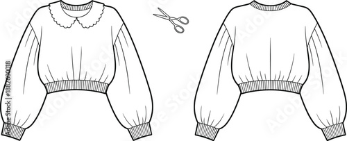 fashion, apparel, garment, clothing, top, blouse, cropped, outerwear, illustration, sketch, vector, design, template, outline, pattern, textile, fabric, collar, peterpan, gathered, sleeves