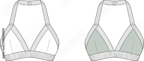 fashion, apparel, garment, clothing, swimwear, bikini, halter, top, bra, illustration, sketch, vector, design, template, outline, pattern, textile, fabric, triangle, straps, band