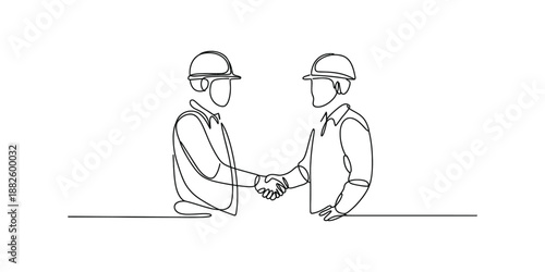 A single line drawing of two construction workers completing a deal with a handshake