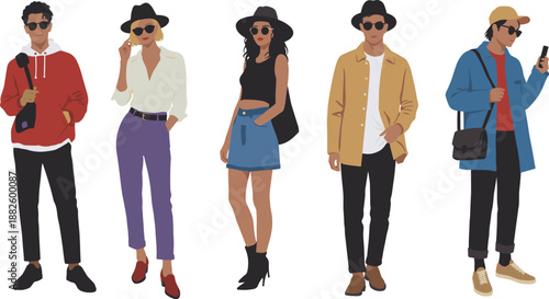 Fashionable diverse people standing together in stylish outfits, modern streetwear, trendy clothing, accessories, lifestyle, individuality, contemporary fashion vector illustration
