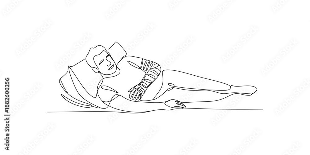 Obraz premium A continuous line drawing of a man resting in bed with an injured arm