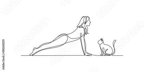 Continuous line drawing of a woman performing yoga with her cat beside her