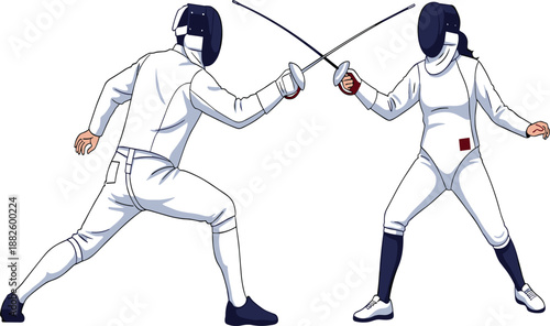 Fencing duel, man and woman athletes in protective gear, sword fighting, sports competition, martial art training, teamwork, challenge, precision, skill.