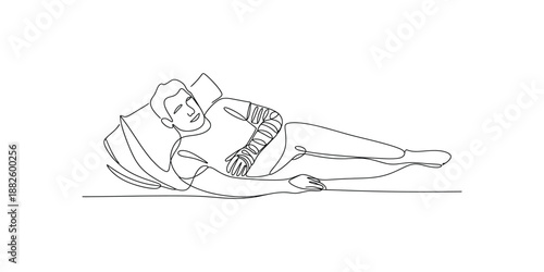 A continuous line drawing of a man resting in bed with an injured arm