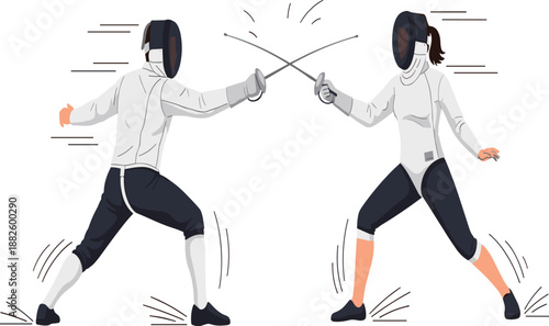  Fencing duel, professional fencers in action, sport competition, sword fight, Olympic fencing match, athletes clashing in dynamic movement