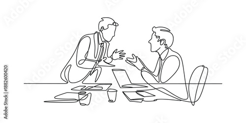 Continuous line drawing of two businessmen having a discussion during a meeting