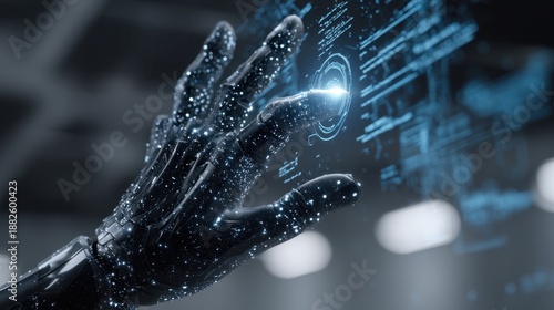 Futuristic robotic hand interacting with holographic interface displaying digital information and glowing elements in a high-tech environment
