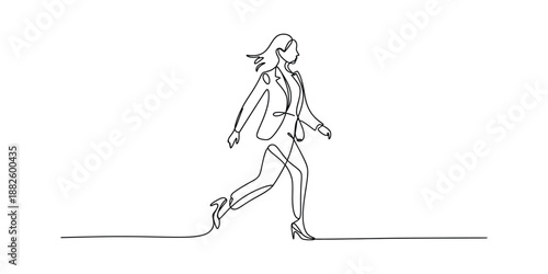 Continuous line art drawing of a running businesswoman in a suit, symbolizing success and speed