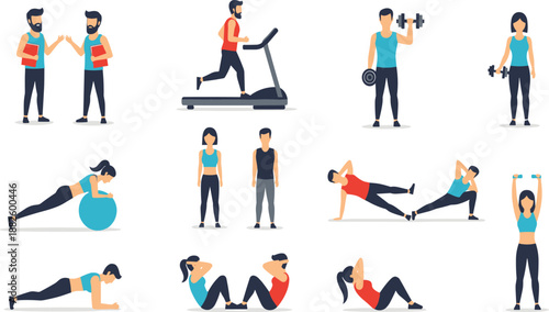 Fitness exercise illustration, workout routine poses, gym training, partner workouts, strength building, healthy lifestyle, body movement, fitness chart, active people