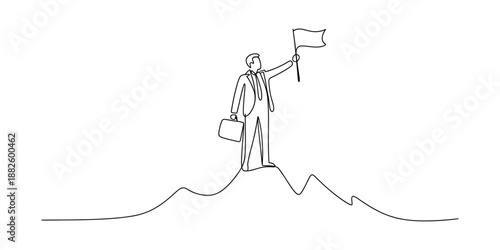 A businessman reaches the mountain summit and plants a flag, symbolizing business success and goal achievement