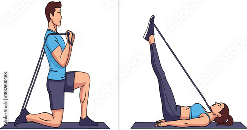 Fitness training, man and woman exercising with resistance bands, workout routine, stretching, strength training, gym exercise, home fitness, health, endurance.