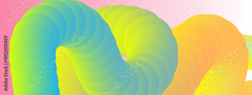 A bold organic 3D structure featuring yellow and teal green gradients twisting across a soft pink and white background