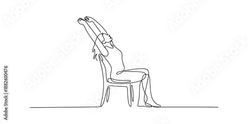 Continuous line drawing of a woman sitting on a chair and stretching her arms upwards