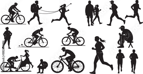 Silhouettes of people engaging in various physical activities together