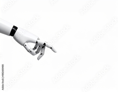 A robot hand, raising its fingers to touch something, white background.