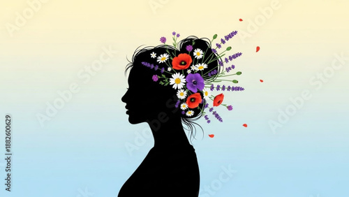 Silhouette of a womans head with a floral hairstyle representing beauty and nature perfect for spring or summer themes