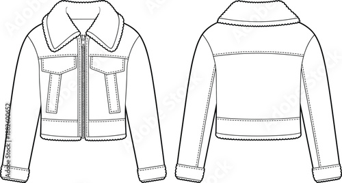 Flat vector CAD drawing of fashionable shearling jacket, outerwear template, technical garment sketch, front back view, apparel design illustration