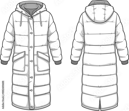 Flat vector CAD drawing of long padded winter coat with hood, front and back views, detailed fashion outerwear illustration
