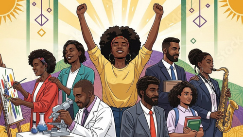 Diverse group of Black professionals and artists celebrating unity and success illustration for empowerment and community concepts