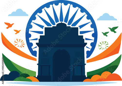India Monument Republic Day Theme - Professional National Landmark Illustration featuring Taj Mahal and India Gate, Patriotic Tricolor Flag Concept, Modern Bharat Heritage vector