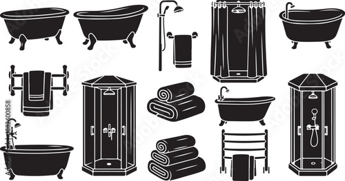 Bathroom fixtures and accessories in black and white illustration style