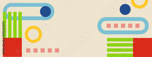 Creative arrangement of colorful squares circles and striped bars in a vintage Bauhaus inspired layout