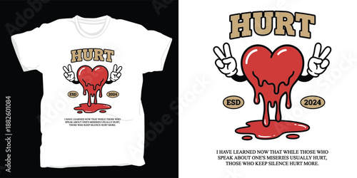Vintage cartoon melting heart t-shirt design with hurt text quote and peace signs in retro mascot style
