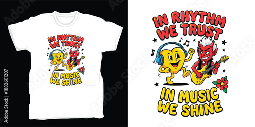 Retro music t-shirt design featuring yellow heart wearing headphones and guitar player character with red horns