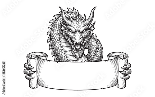 Dragon Head with Long Mane Holding a Blank Ribbon Scroll Banner