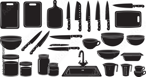 Kitchen Utensils and Dishes Silhouette Vector Illustration Set