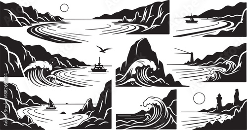Black and white ocean landscape illustrations with waves and mountains
