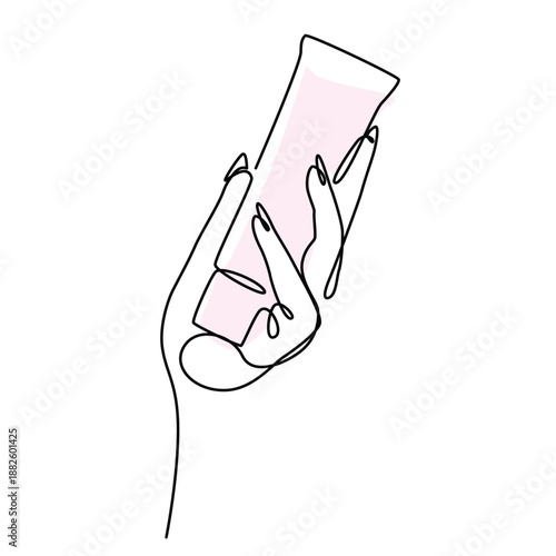 Beautiful hands holding skincare one line drawing. Beautiful hands holding skincare single line illustration. Beautiful hands holding skincare minimalist line art.