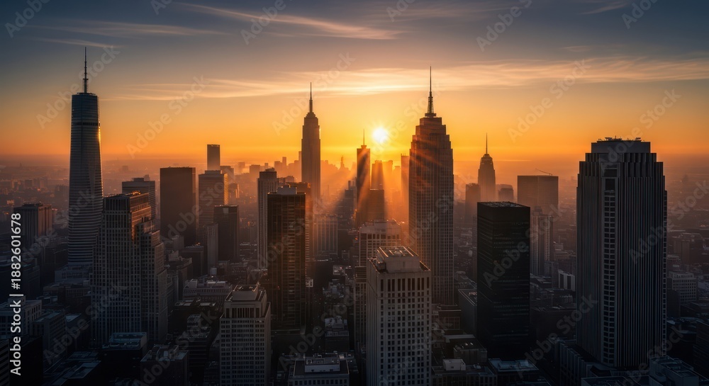 Fototapeta premium Cityscape silhouette at sunset, depicting an inspiring urban skyline with vibrant light and