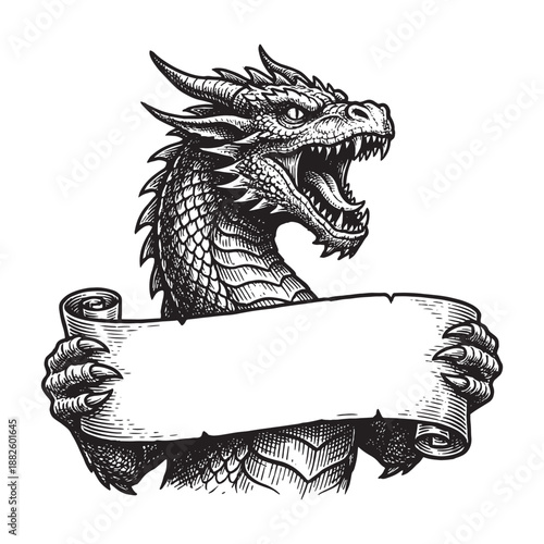 Dragon Head Holding a Blank Ribbon Scroll Banner Engraving