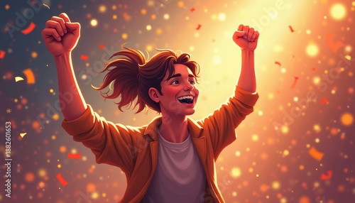 Young woman celebrating with raised fists and joyful expression  