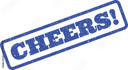 Distressed rubber stamp featuring an enthusiastic Cheers! message, suitable for celebrating joyful moments or special occasions