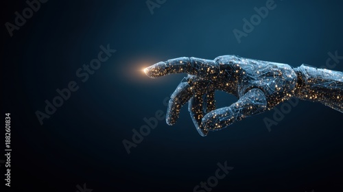 Futuristic robotic hand reaching out with glowing energy on a dark background, symbolizing technology, innovation, and human-machine interaction.