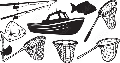 Fishing icons and equipment on white background illustration set