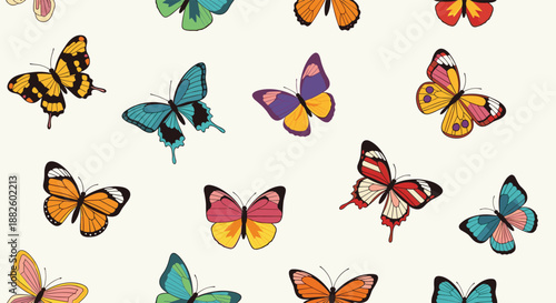 A beautiful seamless pattern featuring a variety of colorful and intricately detailed butterflies in flight on a soft off-white background.