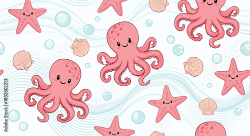 A cute seamless underwater pattern for kids featuring smiling pink octopuses, starfish, and seashells on a background of soft blue waves and bubbles.