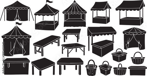 Black and white illustration of market stall and furniture
